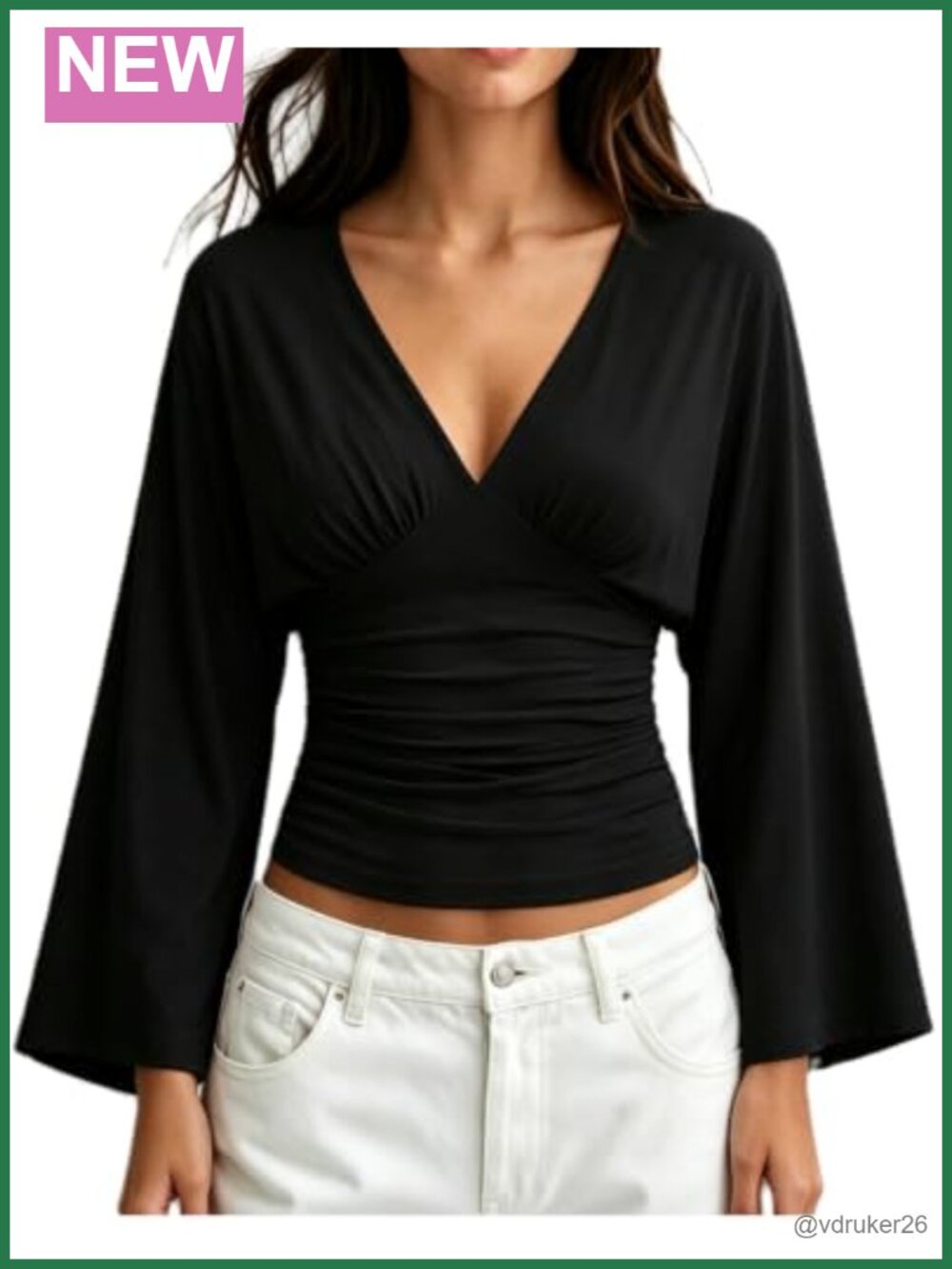 Women Long Sleeve Plunge V Neck Wrap Top Bell Sleeve Ruched Waist Fitted Shirt